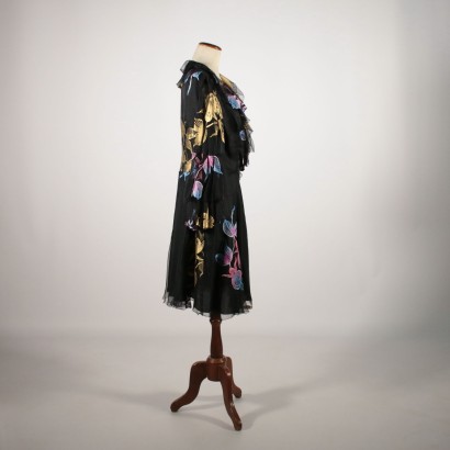 Robe Vintage Voile Noir Fleurs fuchsia Imprimées Vers 1960