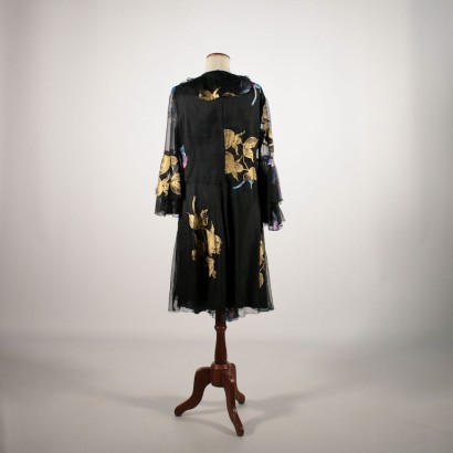 Vintage Black Voile Dress with Flowers 1960s