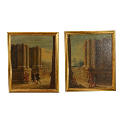 Pair of Landscape Paintings with Architectures and Figures 1700s
