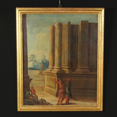 Pair of Landscape Paintings with Architectures and Figures 1700s