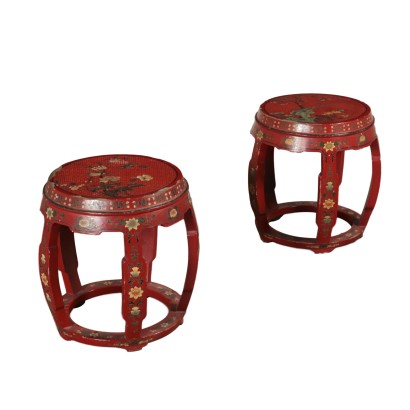 Pair of Chinoiserie Stools Laquered Wood 20th Century