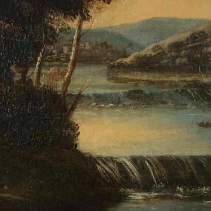 Fluvial Landscape Painting with Architectures and Figures 18th Century