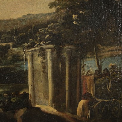 Fluvial Landscape Painting with Architectures and Figures 18th Century