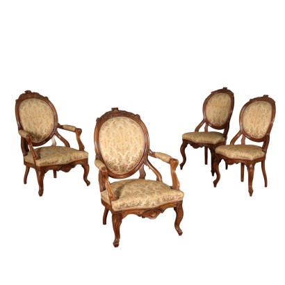 Two Chairs and Two Armchairs Walnut Italy 19th Century