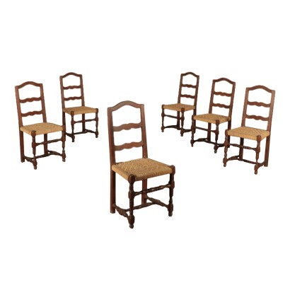 Group of Six Walnut Chairs Italy 20th Century
