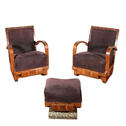 Paire de Fauteuils avec Repose-pieds Ressorts Placage Noyer Italie