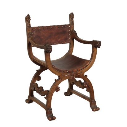 Savonarola Chair, Walnut and Leather, Italy 20th Century