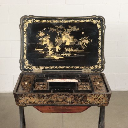 Oriental Working Table, Ebony Exotic Wood Ivory China 19th Century