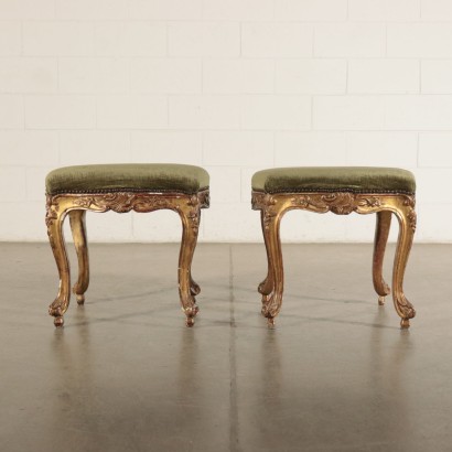 Pair of Louis XV Stools Gilded Wood Italy 18th Century