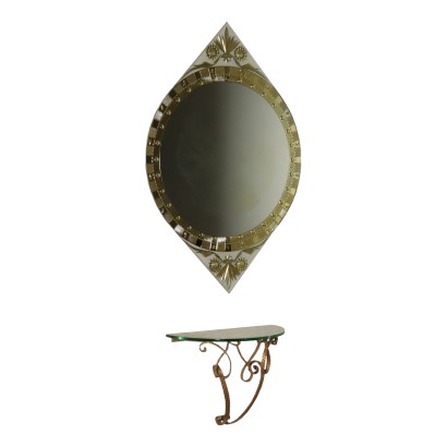Console with Mirror Gilded Metal and Crystal Italy 1950s