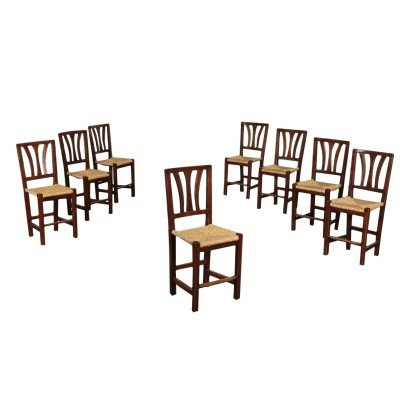 Group of Eight Straw Chairs, Elm, 20th Century