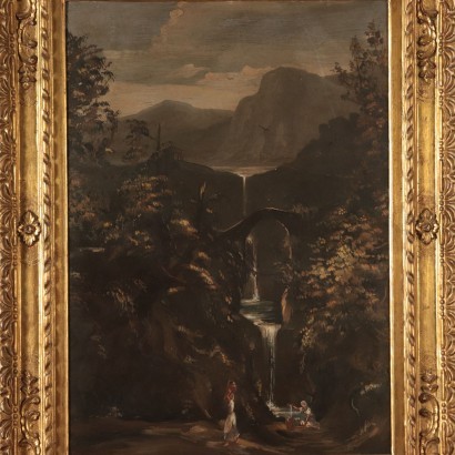 Landscape with Waterfall and Figures, Oil on Plywood 20th Century