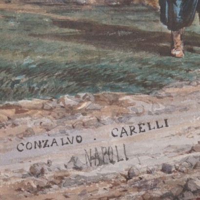 Vue de Paestum avec Tropeau Consalvo Carelli Aquarelle sur Papier '800