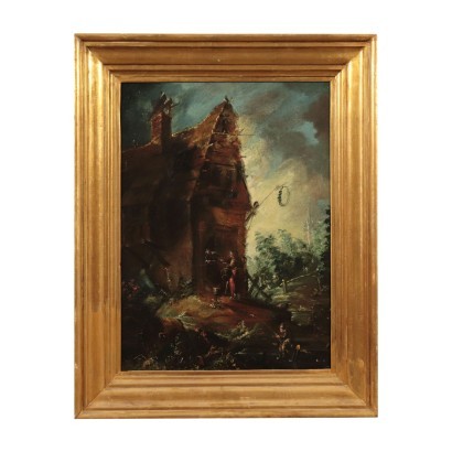 Öl auf Holztablett Landschaft mit Figuren Italien XVIII Jhd