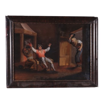 Tavern's Scene Painting under Glass Flemish School 18th Century