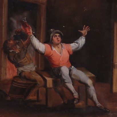 Tavern's Scene Painting under Glass Flemish School 18th Century