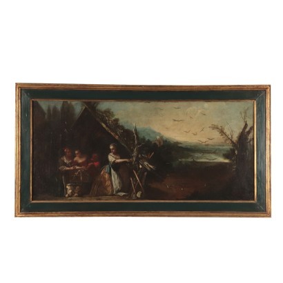 Landscape with Female Figures Oil on Canvas Piemontese School 1700