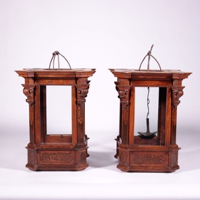 Pair of Lombard Lanterns, Walnut and Glass, Italy 17th Century