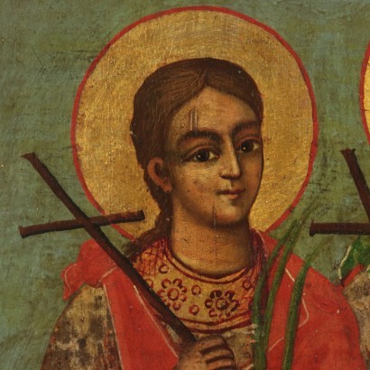 Icona russa con Madonna e due Sante martiri