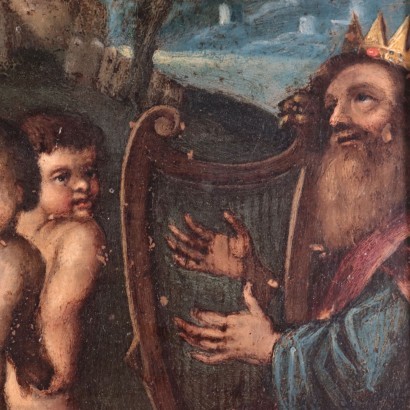 Re Davide suona l'arpa e angeli ballano