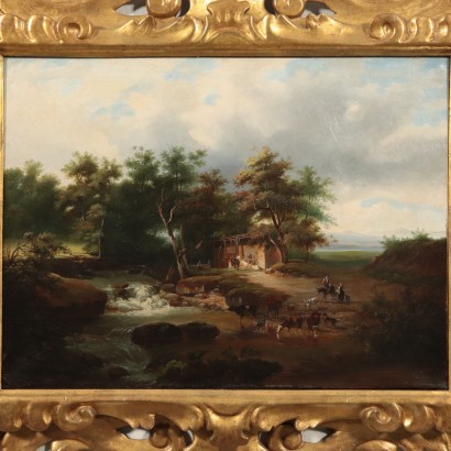 Landscape With Figures And Cattle Oil On Canvas 19th Century