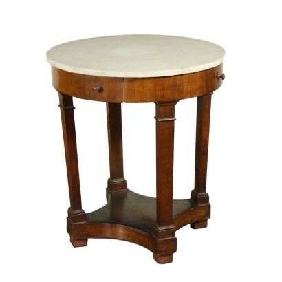 Empire Style Table Cherry Veneer and White Marble Italy 19th Century
