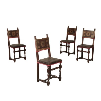 Group Of Four Chairs Baroque Chestnut Walnut Leather Italy '700