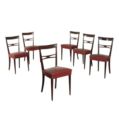 Group Of Six Chairs Ebony Wood Spring Leatherette Italy 1950s 1960s