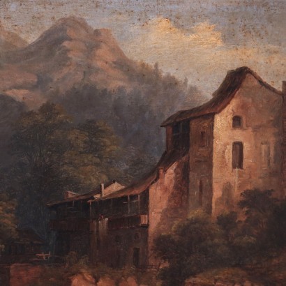 arte, arte italiano, pintura italiana del siglo XIX, paisaje de montaña con cabaña y figura