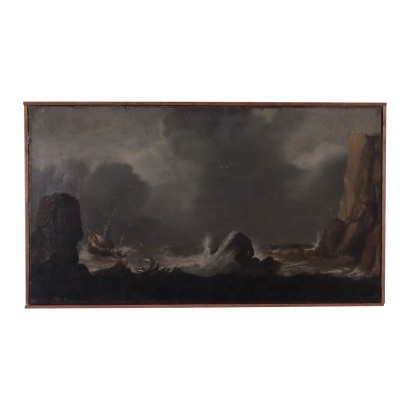 Ancient Painting The Stormy Sea Oil on Canvas 18th Century