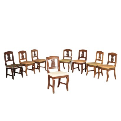 Group of 8 Restoretion Chairs Walnut Italy 19th Century