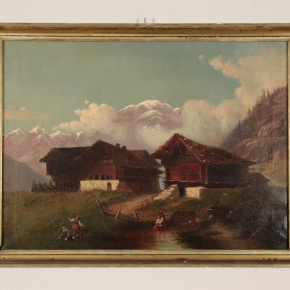 Mountain Landscape with Figures Oil on Canvas 19th Century