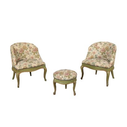 Pair of Barocchetto Revival Armchairs and Footrest Italy 20th Century