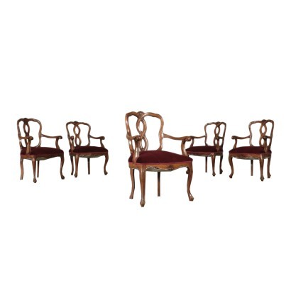 Group of 5 Barocchetto Revival Armchairs Walnut Italy 20th Century