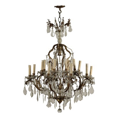 16th Light Chandelier Gilded Bronze Crystal Italy 20th Century