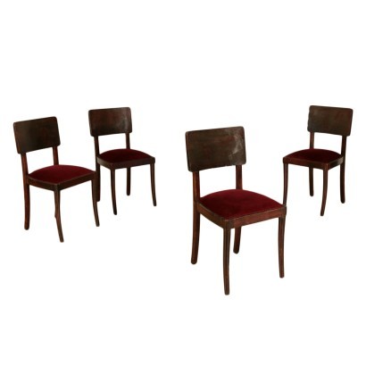 Group Of Four Chairs Stained Beech Foam Velvet Italy 1930s 1940s