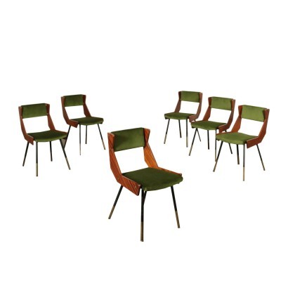 Group Of Six Chairs Solid Mahogany Brass Velvet Foam Italy 50s 60s
