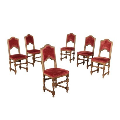 Group of 6 Barocchetto Revival Chairs Walnut Italy 20th Century