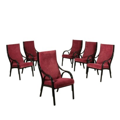 Group Of Six Cavour Armchairs Lacquered Wood Foam Fabric Italy 70s 80s