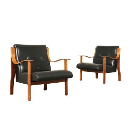 Pair Of Armchairs Mario Bellini Stained Beech Leatherette Foam 1960s