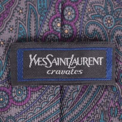 Vintage YSL Green Grey Purple Paisley Tie Silk Paris 1960s-1970s