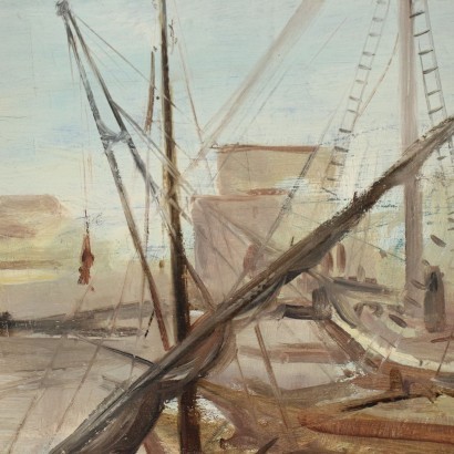 Glimpse with Boats Oil on Canvas 20th Century