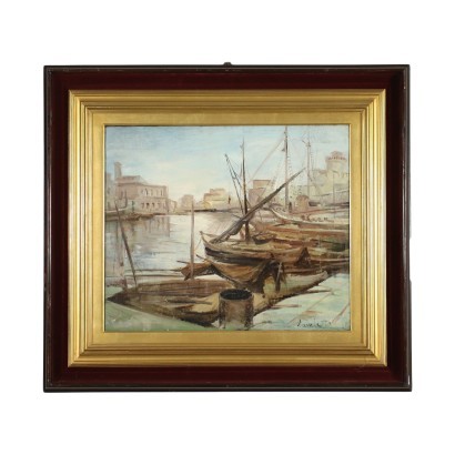 Glimpse with Boats Oil on Canvas 20th Century