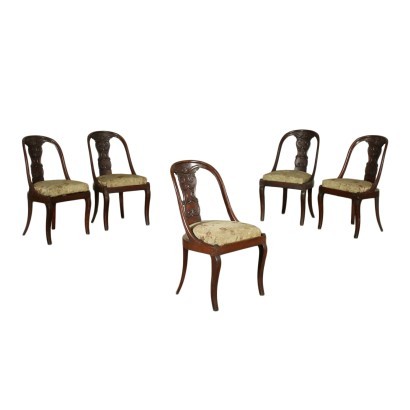 Antik, Stuhl, antike Stühle, antiker Stuhl, antiker italienischer Stuhl, antiker Stuhl, neoklassischer Stuhl, Stuhl aus dem 19. Jahrhundert, Gruppe von fünf Gondola Resta Stühlen