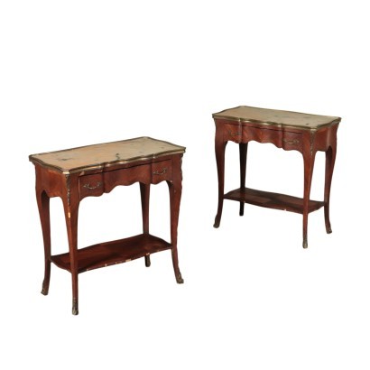 Pair of Small Revival Tables Veneer Marble Bronze Italy 20th Century