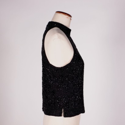 Vintage Black Top With Embroideries Italy 1960s