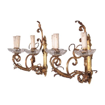 Pair Of Wall Ligths With 3 Lights Bronze Glass Italy 20th Century