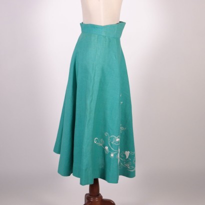 Vintage Green Skirt WIth Embroideries Misto Lino Italy 1970s-1980s