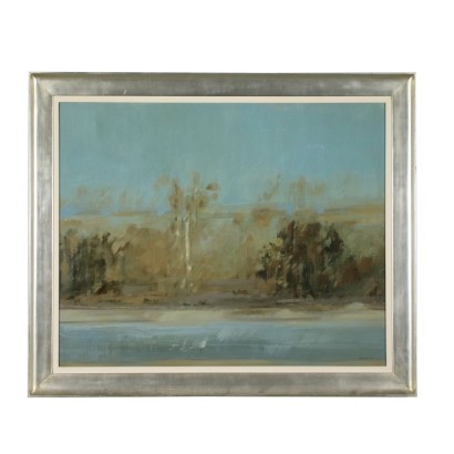 Giuseppe Ajmone Oil on Canvas River Landscape Italy 1970s