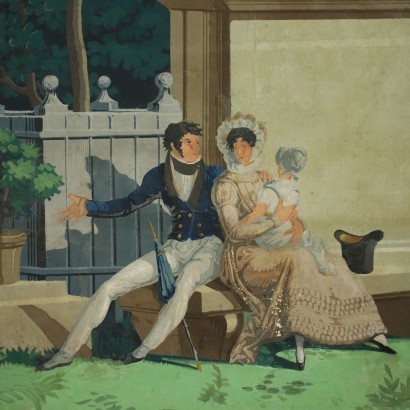 Glimpse Of Garden With Figures Tempera On Paper 19th Century